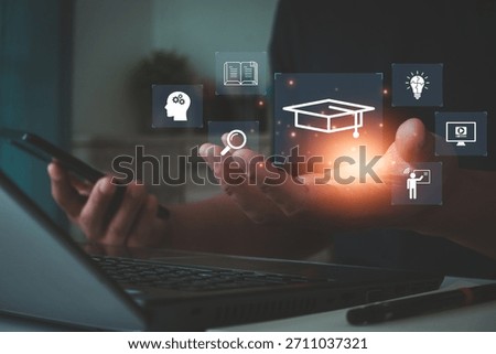 Man hand show innovation e-learning icon, online training. Concept of a platform for digital education, teaching a course. Curriculum learning online, study from the webinar business technology.