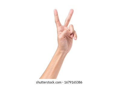 Man Hand Showing Two Fingers,victory Sign Gesture On A White Isolated Background,with Clipping Path