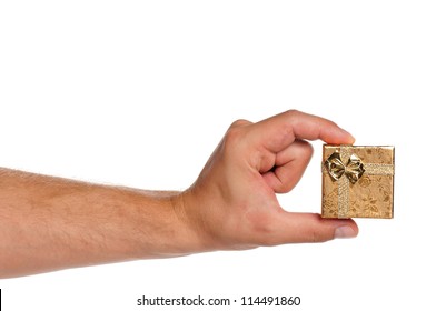 Man Hand With Small Gift Box Isolated On White Background