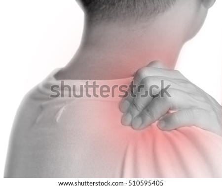Man with hand squeeze at red spot shoulder as suffering from pain or itchy. Male hurt at shoulder and neck as sick from psoriasis,Thoracic Outlet Syndromes, Rotator Cuff Injury,Bursitis,Fibromyalgia

