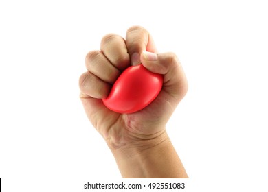 A Man Hand Squeezing A Stress Ball  On White Background