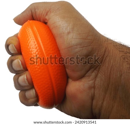 Man hand squeezing a stress ball isolated on white background.