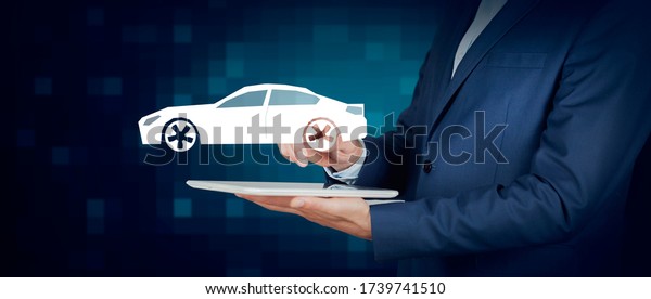 man hand tablet and\
car model in screen