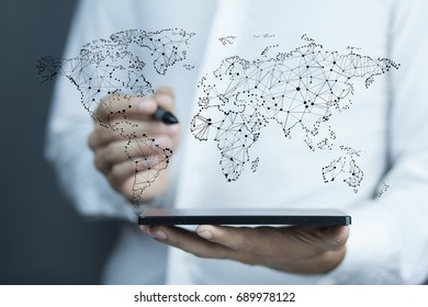 man hand tablet with map in screen