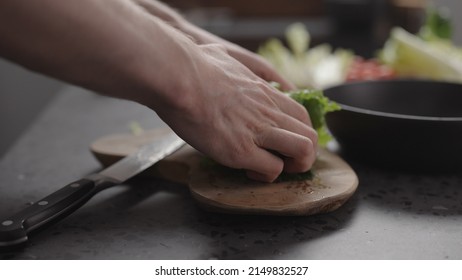 Man Hand Take Chopped Romaine Lettuce From Wood Board To Make Salad, Wide Photo