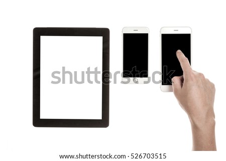 A man hand touch the screen with wireless pad, smart phone isolated white.