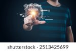 Man hand touch virtual screen, Human interaction and artificial intelligence technology, Ai virtual assistant chatbot in artificial intelligence concept. Ai deep learning to use support work.