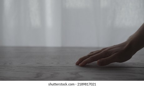 Man Hand Touch White Oak Table, Wide Photo