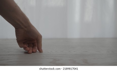 Man Hand Touch White Oak Table, Wide Photo