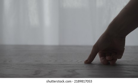 Man Hand Touch White Oak Table, Wide Photo