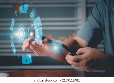 Man hand touching complex circular diagram on virtual screen with copy-space, innovation, network, big data and internet concept, Technology abstract background.