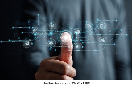 Man hand using authentication system with biometric identification fingerprint username and password, cybersecurity, information security, encryption, secure Internet access, technology concept.