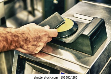 Man Hand Using Card To Enter City Subway Gate.