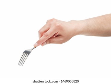 Man Hand Using A Fork Isolated Against A White Background 