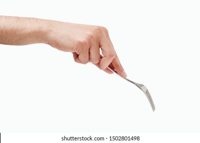 Man hand using a fork isolated against a white background