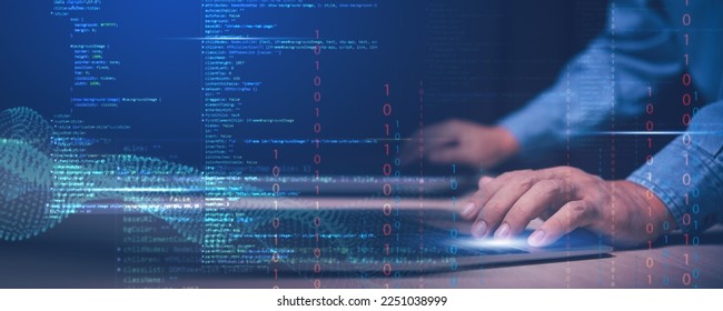 man hand using laptop with digital data source code on virtual screen , system update and maintenance protect data from hacker