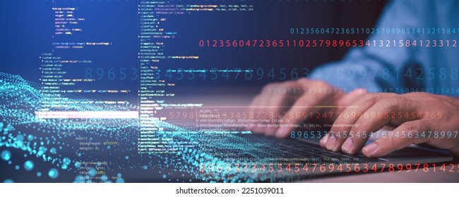 man hand using laptop with digital data source code on virtual screen , system update and maintenance protect data from hacker