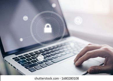 Man - hand using laptop. security network of connected devices and personal data security. anonymous.                                   