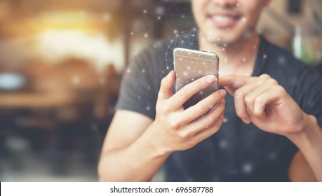 Man Hand Using Mobile Phone, Worldwide Connection Technology Interface.