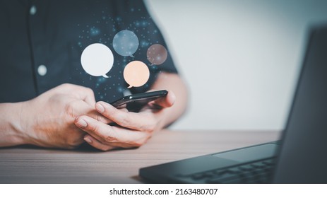 Man Hand Using Smartphone Typing Live Chat Chatting On Application Communication Digital Web And Social Network Concept. Social Media Application Chat Box.