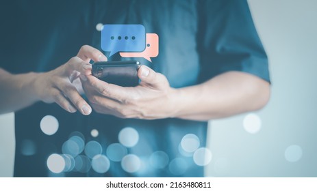 Man Hand Using Smartphone Typing Live Chat Chatting On Application Communication Digital Web And Social Network Concept. Social Media Application Chat Box.