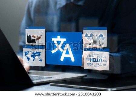 Man hand using technology to translation of foreign languages on website.Symbol of translation.Ai translator.Mobile app worldwide language conversation.