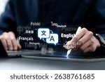 Man hand using translator of foreign languages on website.Ai translate language concept. Symbol of translation. Worldwide language conversation. Automatic translation system concept.