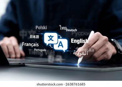 Man hand using translator of foreign languages on website.Ai translate language concept. Symbol of translation. Worldwide language conversation. Automatic translation system concept.
