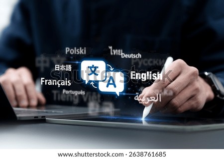 Man hand using translator of foreign languages on website.Ai translate language concept. Symbol of translation. Worldwide language conversation. Automatic translation system concept.