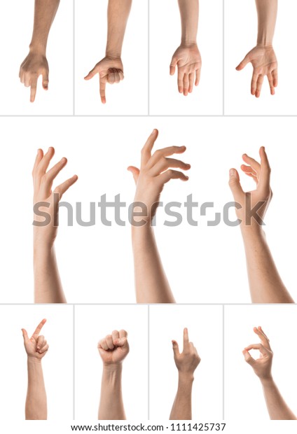 人間の手は 手を開き 指を指し 互いに打ち合い 指を交差させ 手を握り 捕まえ 拳を持ち 数字を示す 白い背景に セット写真のコラージュ の写真素材 今すぐ編集