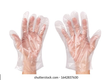 Man Hand Wearing Disposable Plastic Glove Isolated On White Background.Multipurpose Glove.Protect Hand.sanitary Food Contact Gloves