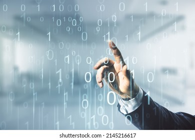 Man hand working with abstract virtual binary code illustration on blurred office background. Big data and coding concept. Multiexposure