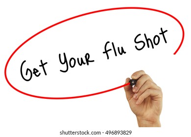 Man Hand Writing Get Your Flu Shot With Black Marker On Visual Screen. Isolated On White. Business, Technology, Internet Concept. Stock Photo