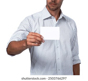 Man, hands and blank note in studio for contact information, email address and white background. Male person, business card and mockup space for branding, poster sign board and services promotion