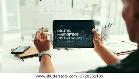 Man, hands and browsing in office with tablet screen, online platform or website for digital marketing. Person, technology or internet with application, brand development consultation or advertising.