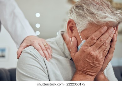 Man Hands, Covid Face Mask Or Sad In Nursing Home, House Or Hospital And Bad News, Cancer Test Results Or Anxiety. Doctor, Psychologist Or Counseling Therapist And Crying Covid 19 Retirement Senior