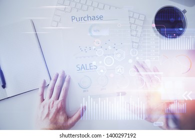 Man hands with data theme double exposure icons.