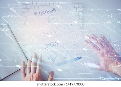 Man hands with data theme double exposure icons.