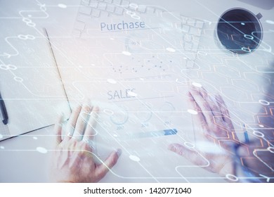 Man hands with data theme double exposure icons.