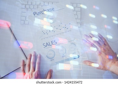Man hands with data theme double exposure icons.