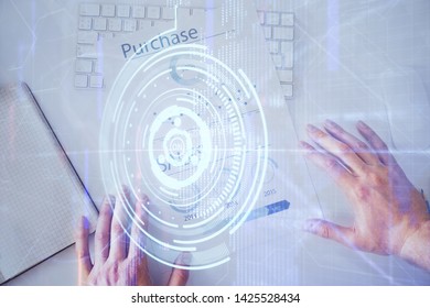 Man hands with data theme double exposure icons.
