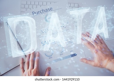 Man hands with data theme double exposure icons.