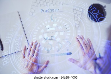 Man hands with data theme double exposure icons.
