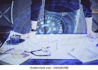 Man hands with data theme double exposure icons.