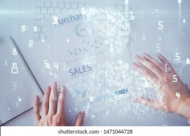 Man hands with data theme double exposure icons.