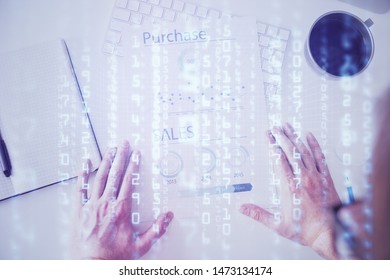 Man hands with data theme double exposure icons.