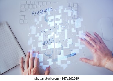 Man hands with data theme double exposure icons.