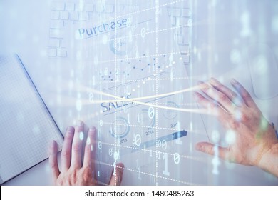 Man hands with data theme double exposure icons.