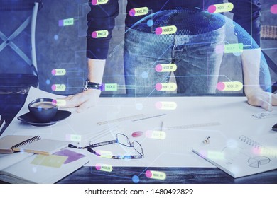 Man hands with data theme double exposure icons.
