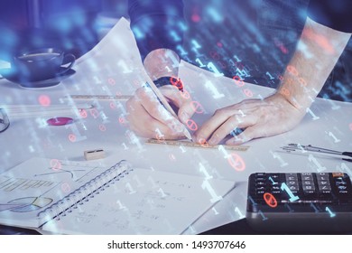 Man hands with data theme double exposure icons.